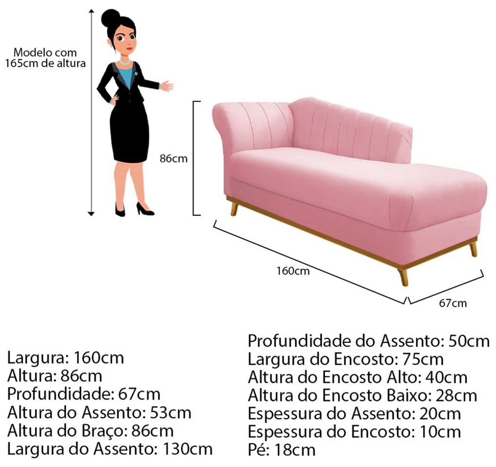 Recamier Vanessa 160cm Lado Direito Suede Rosa Bebê - ADJ Decor