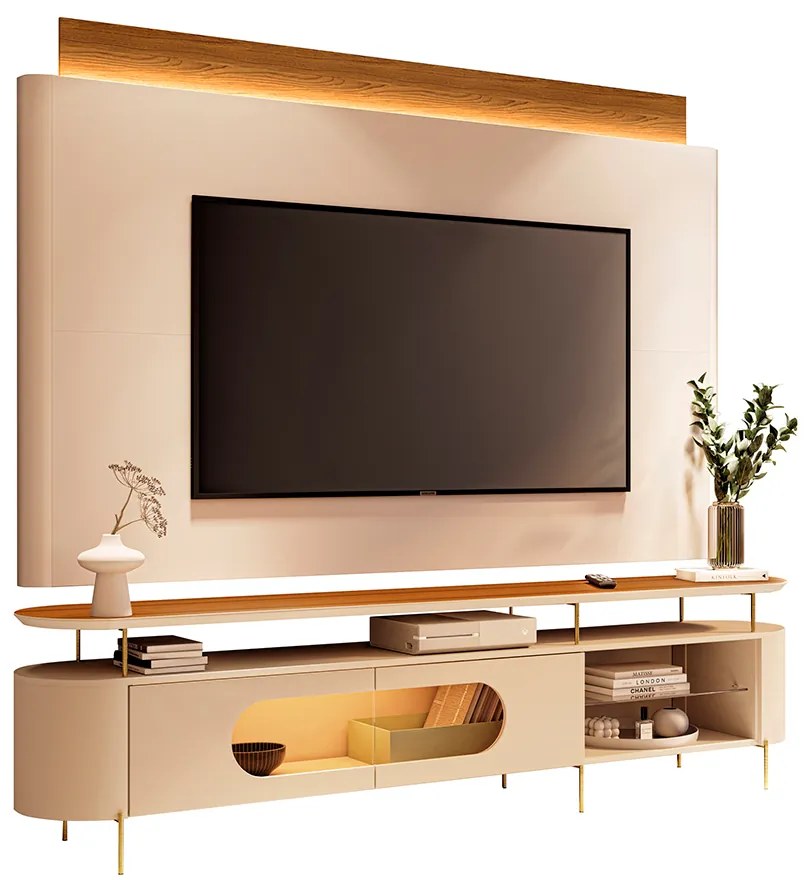 Conjunto Painel Nobre c/LED e Bancada Ária TV até 85 Polegadas Off White/Cinamomo G26 - HB Móveis