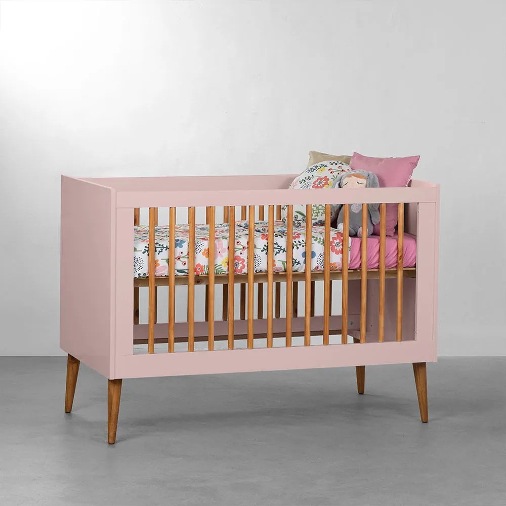 Berço Mini Cama Noah Wood com Pés Retrô Mel - Rosa Fosco