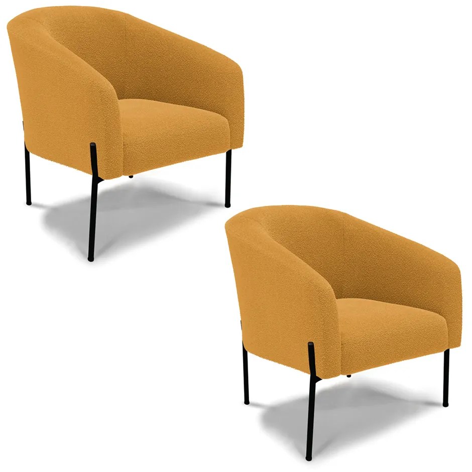 Poltrona Sala Decorativa Pé de Ferro Preto Kit 2 Stella Bouclê D03 - D'Rossi - Mostarda