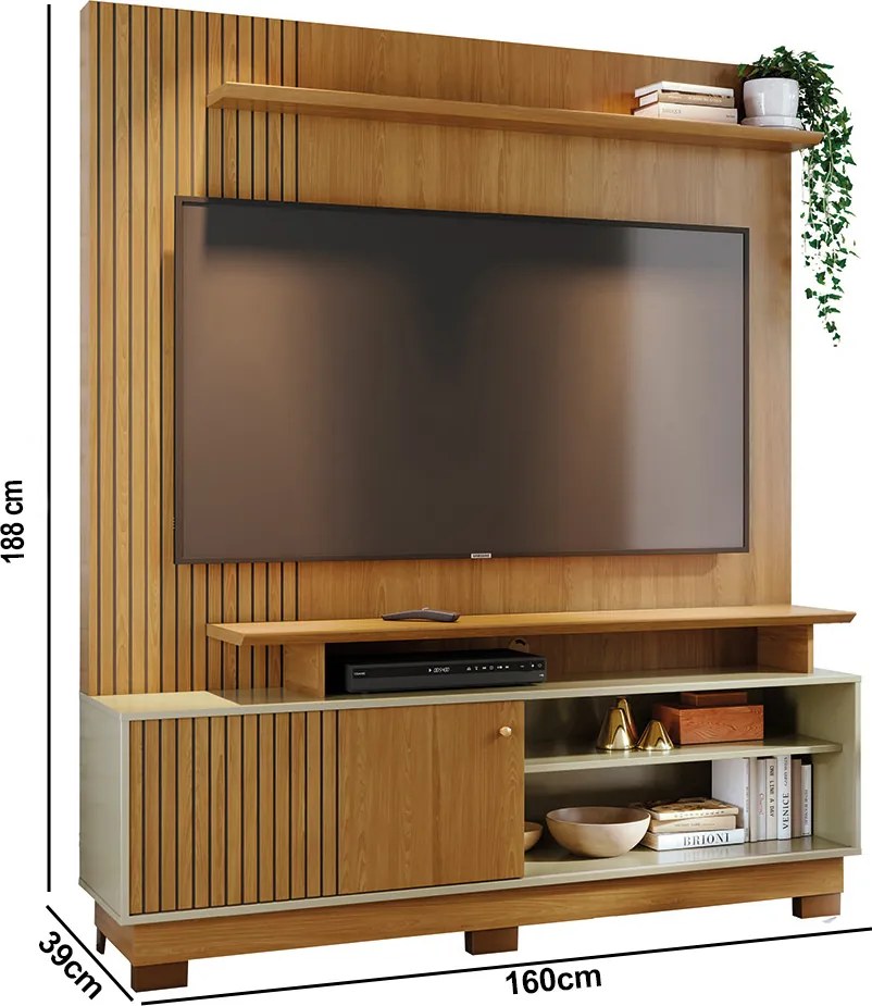 Estante de TV 65 Pol 160cm com Pés para Sala Quirel Cumaru/Opala M20 - D'Rossi
