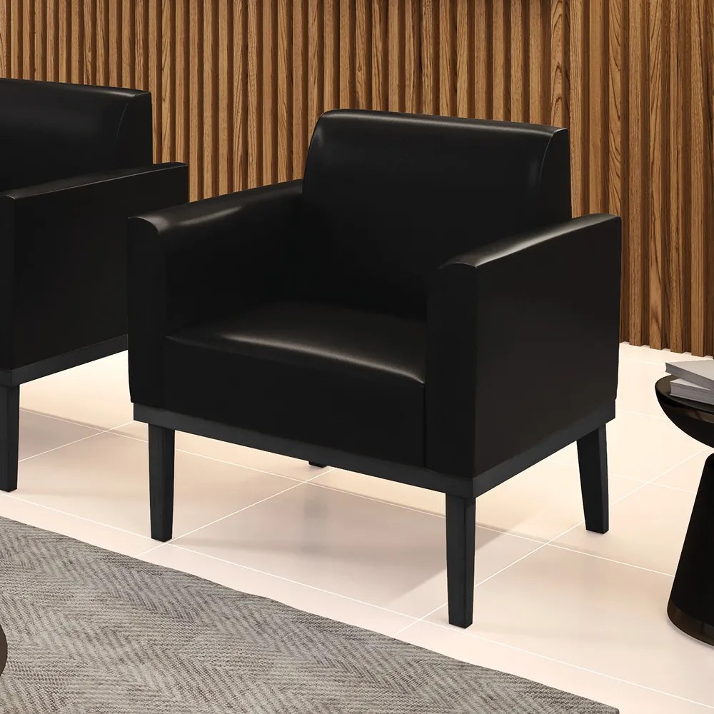 Poltrona Decorativa Isabella Pés Fixo em Madeira PU Preto Brilho G19 - Gran Belo