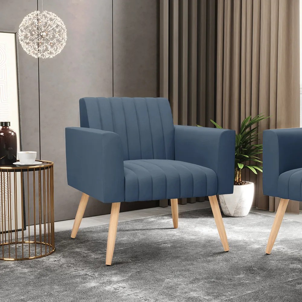 Poltrona Viena Gomada Suede Azul Marinho Pés Palito Natural - D'Rossi