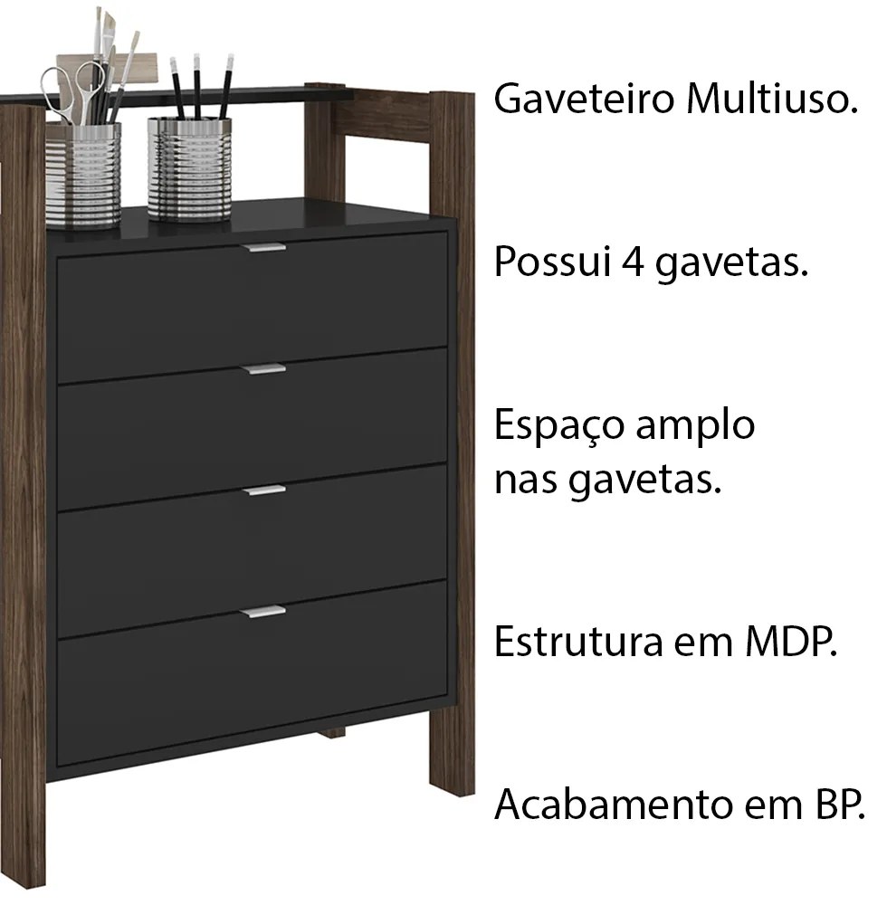 Gaveteiro Armário para Escritório Home Office AZ1012 MDP Preto/Nogal G69 - Gran Belo