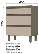 Balcão 60cm 3 Gavetas 100% MDF Sem Tampo Connect Duna/Cristal - Henn