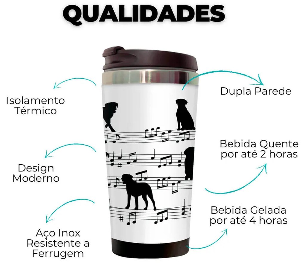 Copo Térmico 500ml Inox Branco Cachorro Musical