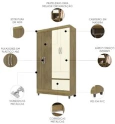 Guarda Roupa Solteiro 103cm Com 4 Portas Mayra Nature/Champanhe V02 -