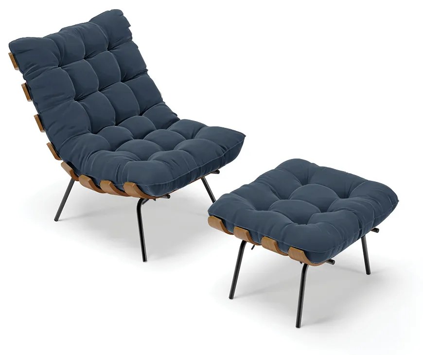 Kit 01 Poltrona e 01 Puff Costela Suede Base Metálica Preto M11 - D'Rossi - Azul Marinho