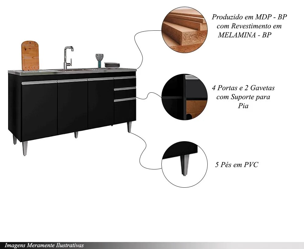 Balcão de Cozinha para Pia Dodoma MDP/BP Preto G96 - Gran Belo