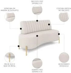 Sofá 2 Lugares 135cm Pés Aço Dourado Tamar Boucle Bege Z08 - Mpozenat