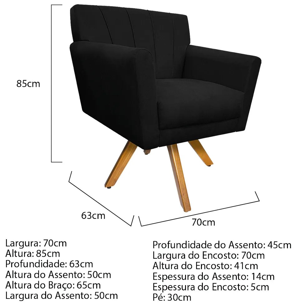 Poltrona Laura Base Giratória de Madeira Suede Preto - ADJ Decor