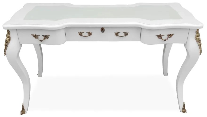 Escrivaninha Lord 3 Gavetas Tampo com Couro Natural Apliques de Metal Madeira Maciça Design Clássico de Luxo