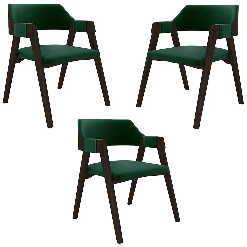 Kit 3 Cadeiras Sala de Jantar e Jogos Carteados Madeira Maciça Poker Veludo Verde/Capuccino G42 - Gran Belo