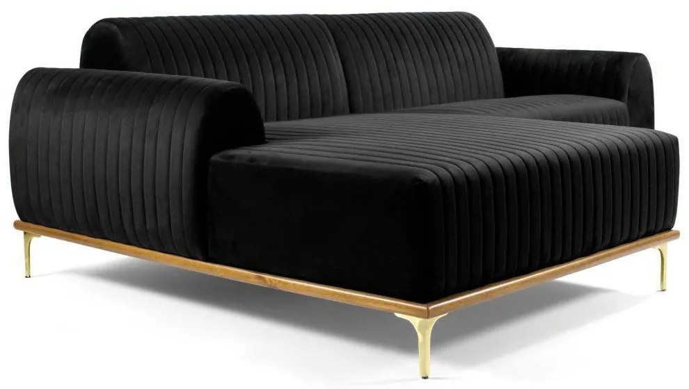 Sofá 3 Lugares Bipartido com Chaise Lado Direito Base de Madeira Euro 230 cm Veludo Preto G15 - Gran Belo