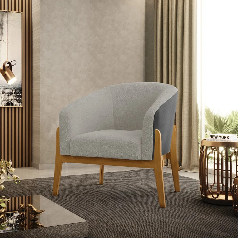 Poltrona Decorativa Base Madeira Kit 2 Stella PU Preto/Blouclê D03 - D'Rossi - Cinza