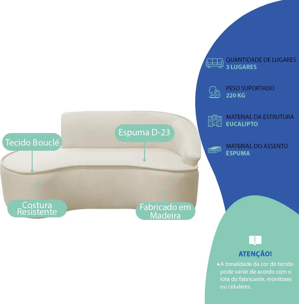 Divã Recamier Curvo Sala de Estar Recepção Marrocos 180cm Lado Esquerdo Bouclé