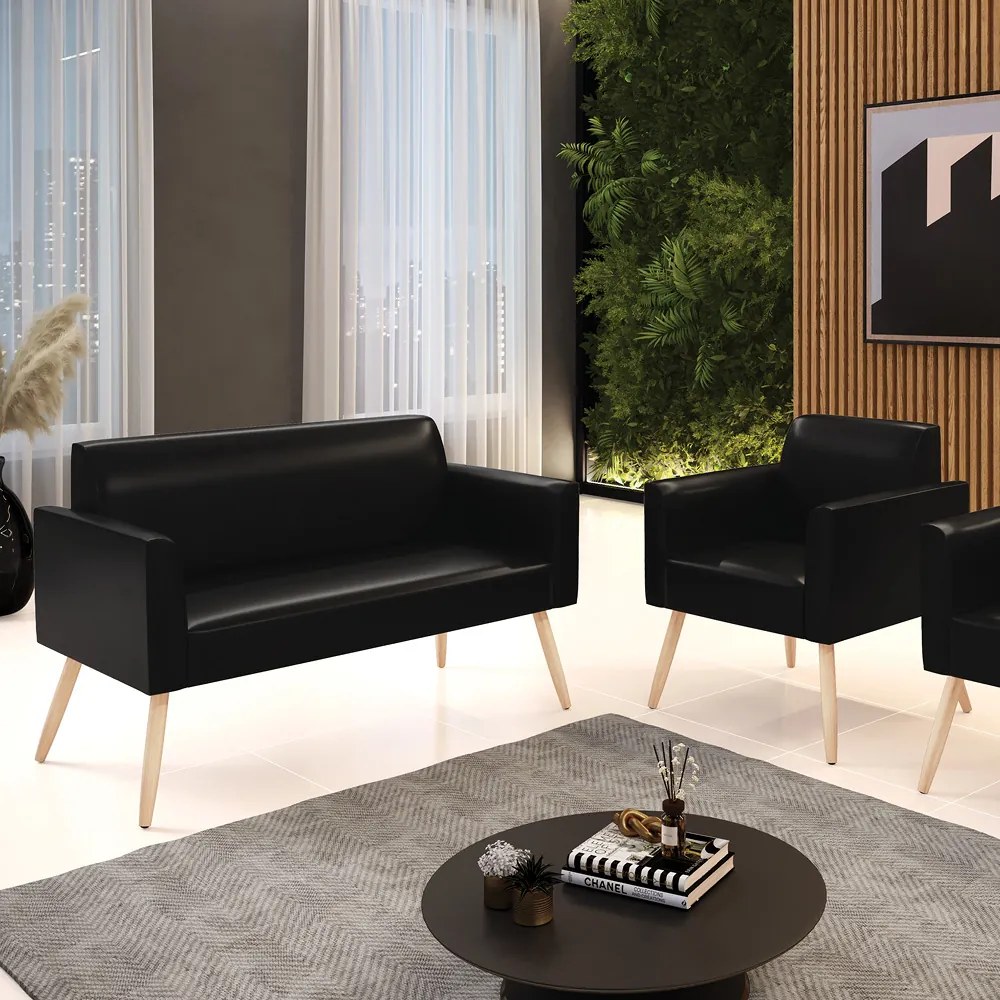 Sofá Namoradeira com Poltrona Pés Palito Natural Marisa Corano D03 - D'Rossi - Preto