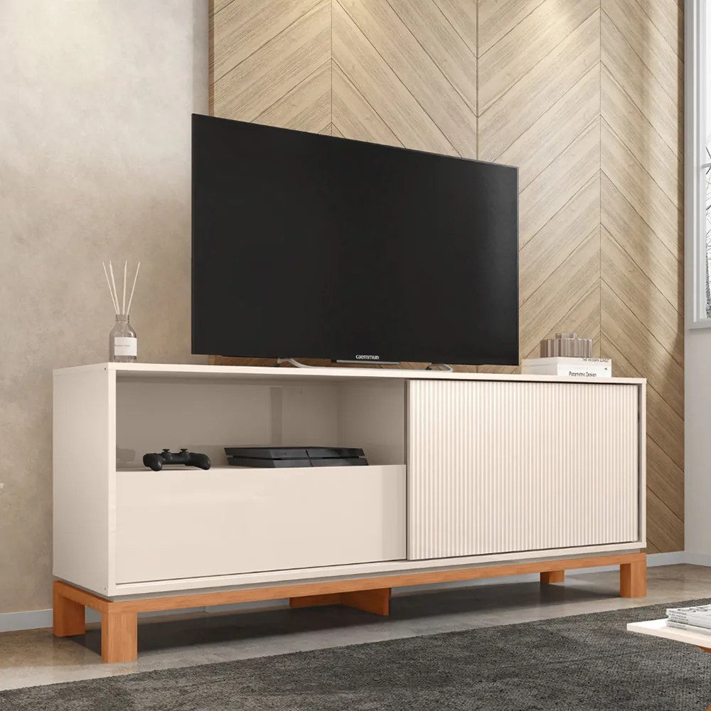 Bancada Átomo 150cm para TV até 55 com Porta de Correr Ripada e Gaveta MDP Off White/Freijo  G11 -  Gran Belo