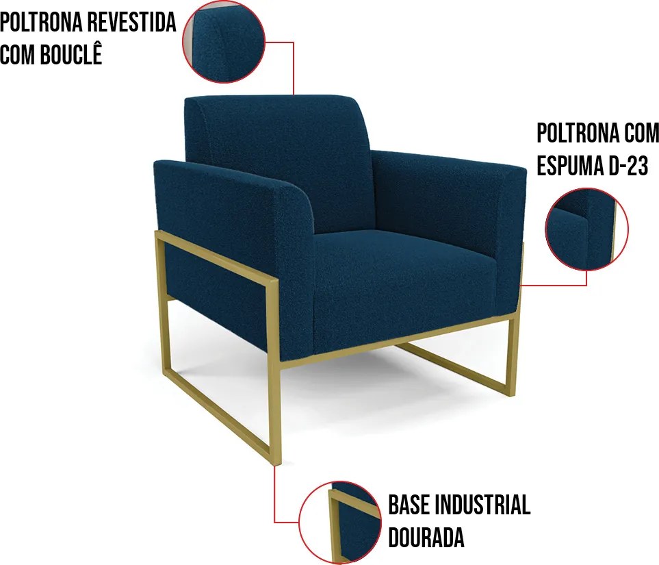 Poltrona Sala Estar Industrial Alta Dourado Kit 2 Marisa Bouclê Azul