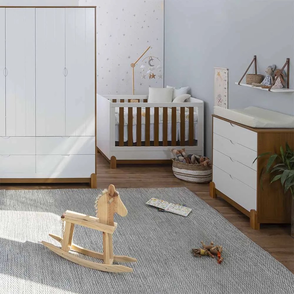 Kit Quarto Infantil Lotus Berço Mini Cama com Frisos + Cômoda 4 Gavetas + Guarda-Roupa 4 Portas com 4 Gavetas - Branco e Savana