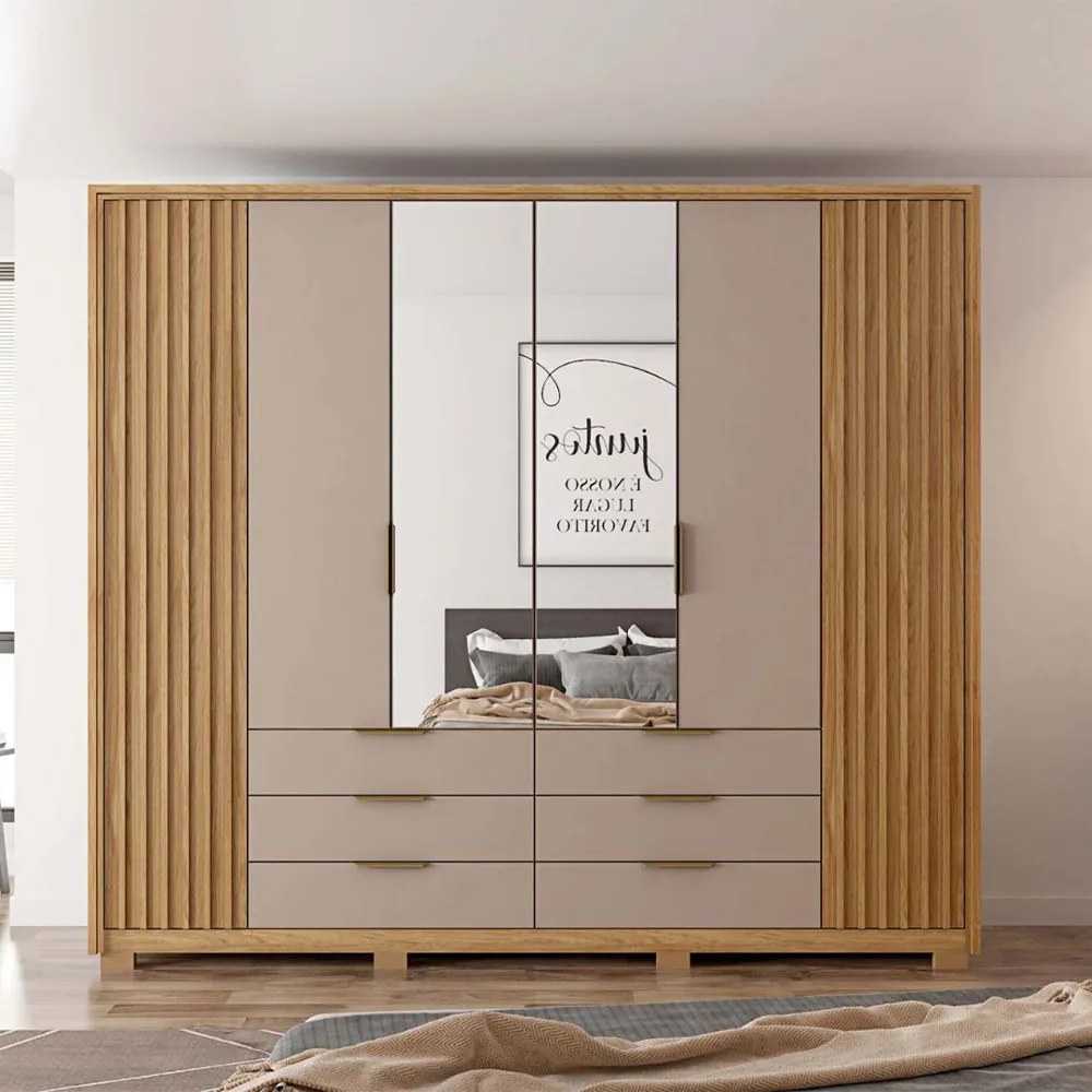 Guarda Roupa Essence Casal Ripado 6 Portas de bater com 2 Espelhos 6 Gavetas MDP Buriti/Fendi G11 - Gran Belo