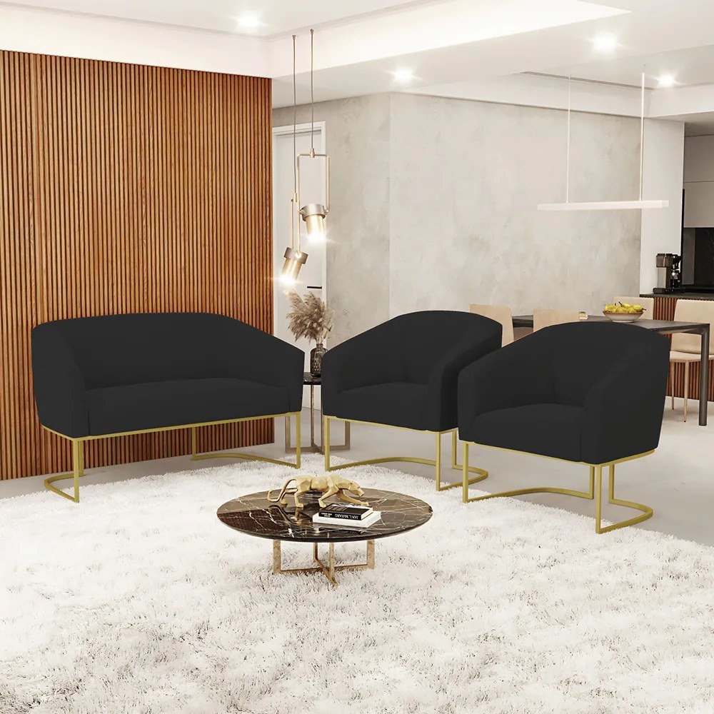 Namoradeira e 2 Poltronas Industrial Dourado Stella Veludo D03 - D'Rossi - Preto