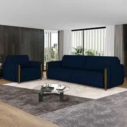 Conjunto Sofá 3 Lugares 223cm e Poltrona 98cm Amaranto M22 Veludo Azul