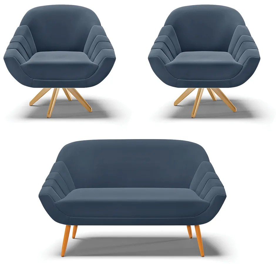 Kit 01 Namoradeira 02 Lugares e 02 Poltronas Giratória Giovana Suede Azul Marinho Base Madeira MA30 - D'Rossi