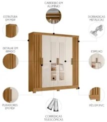 Guarda Roupa Casal 195cm Espelho Ripado Arlon Z17 Freijó/Off - Mpozena