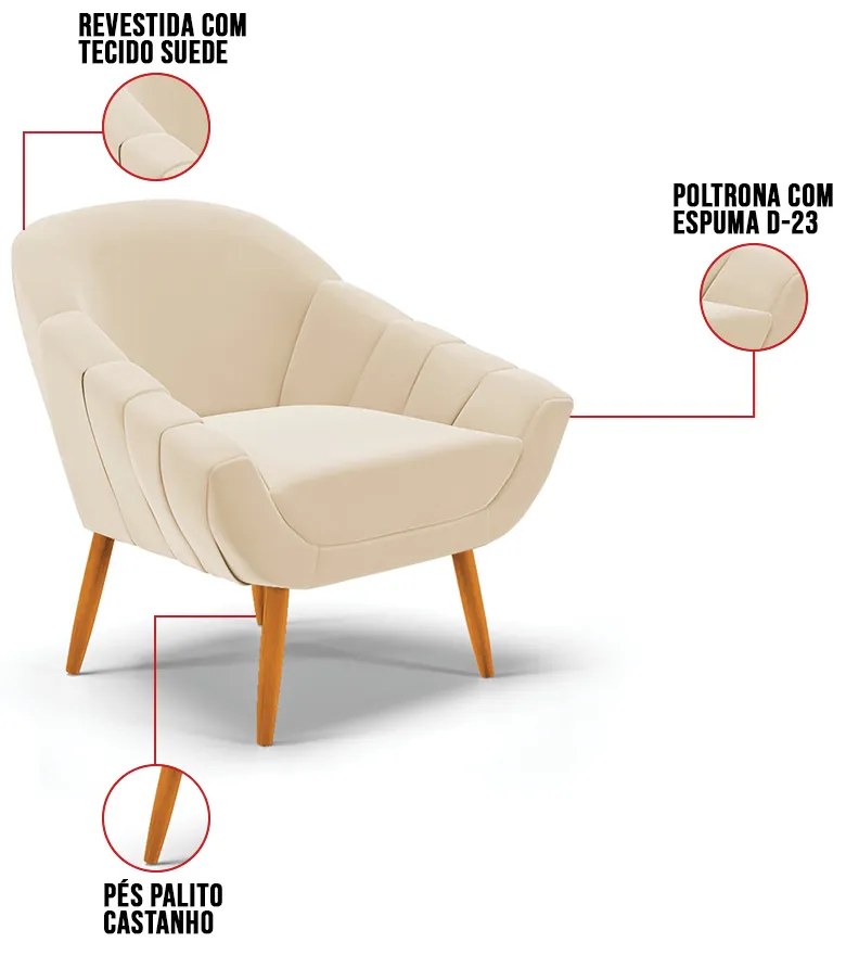 Poltrona Giovana Suede Pés Palito Castanho D03 - D'Rossi - Bege