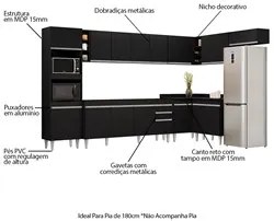Armário de Cozinha Modulada de Canto 9 Peças CP04 Balcão Preto - Lumil