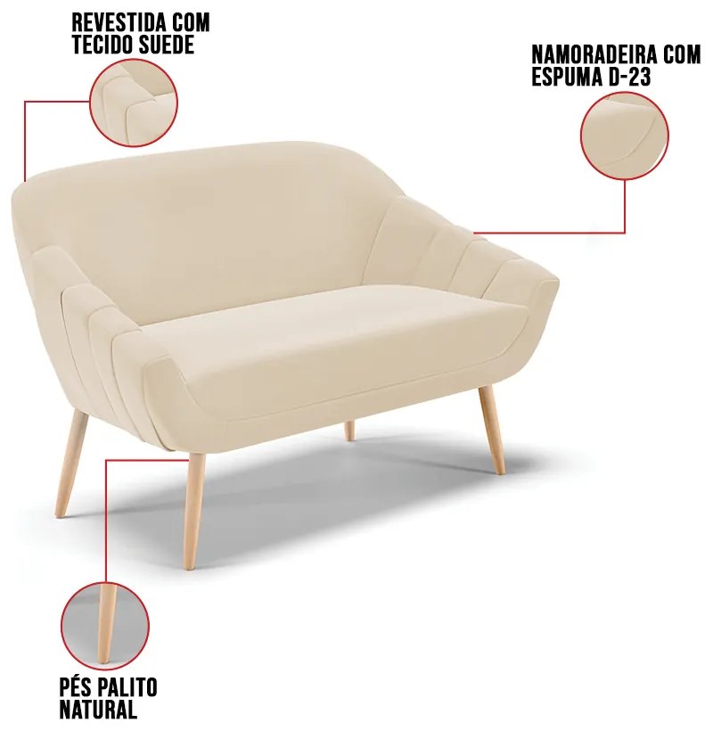Namoradeira 02 Lugares Giovana Suede Pés Palito Natural D03 - D'Rossi - Bege