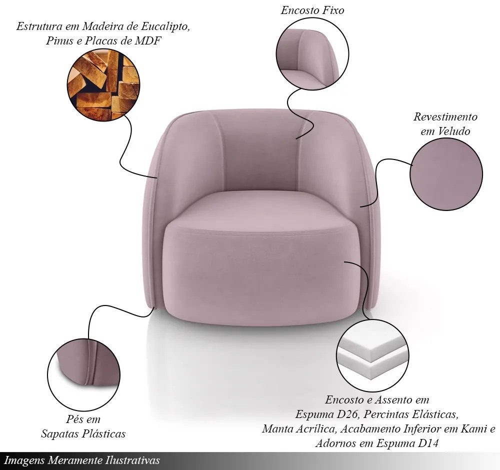 Poltrona Decorativa Sala de Estar Clarke Veludo Rosê G45 - Gran Belo