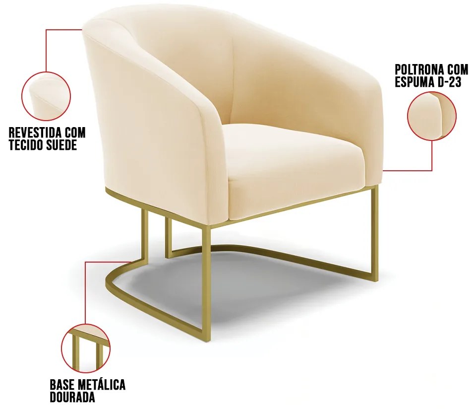 Poltrona Sala Decorativa Industrial Dourado Stella Suede Bege D03 - D'Rossi