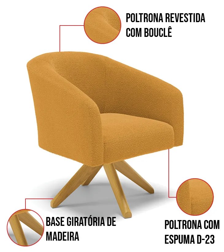 Poltrona Sala Decorativa Giratória Madeira Stella Bouclê D03 - D'Rossi - Mostarda