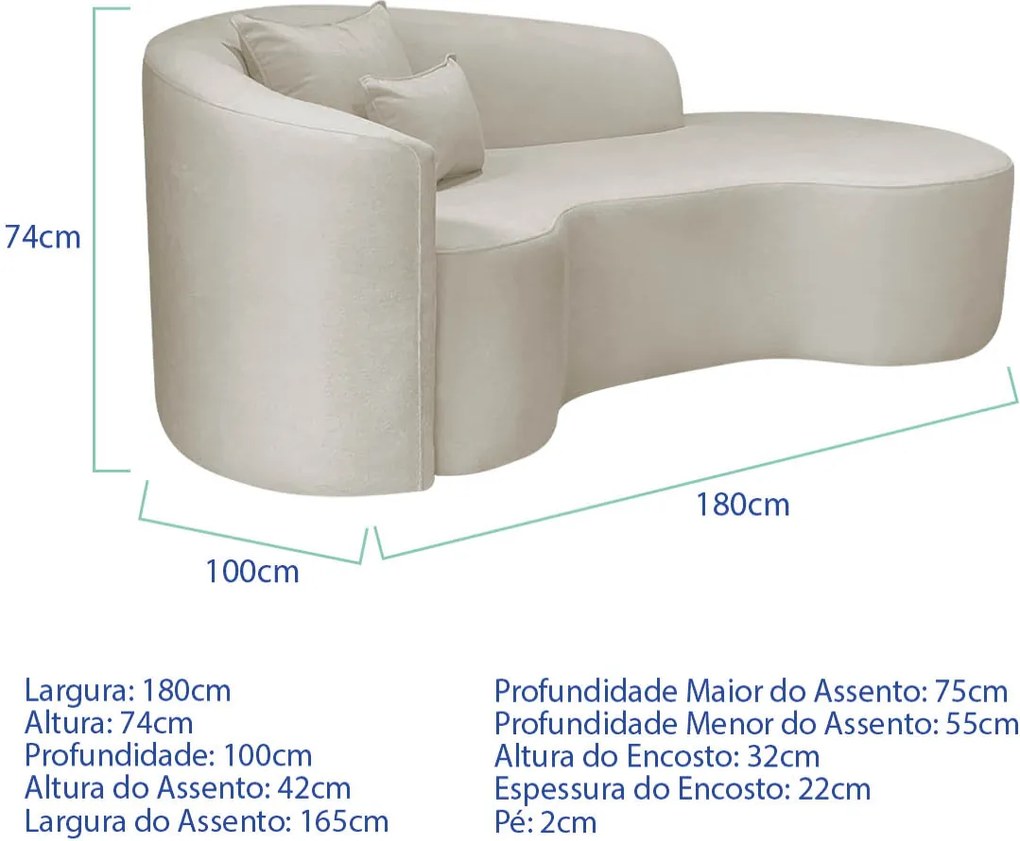Kit Recamier Curvo Sala de Estar Inglaterra 180cm Lado Direito e 2 Poltronas Orgânica Luxo Amore Linho