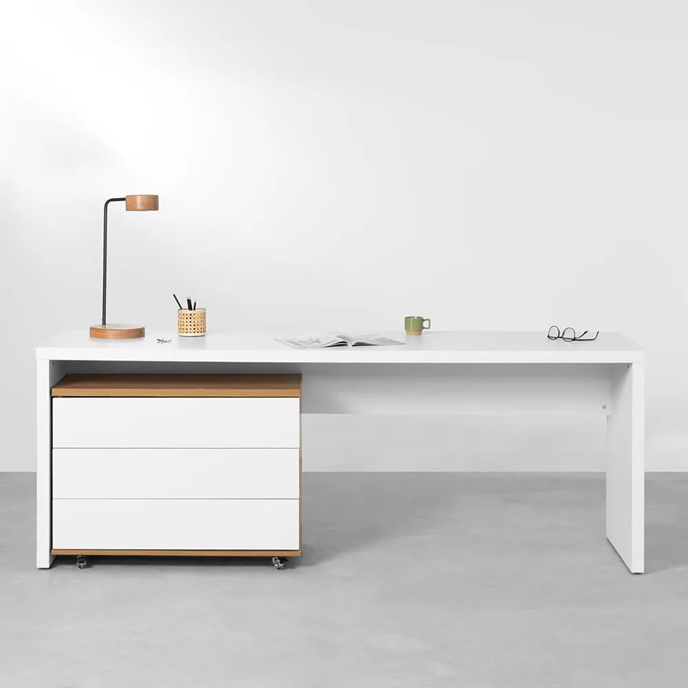 Conjunto Office - Bancada Contemporânea New Branco 1,80m + Módulo 3 Gavetas Louro Freijó e Branco 85cm