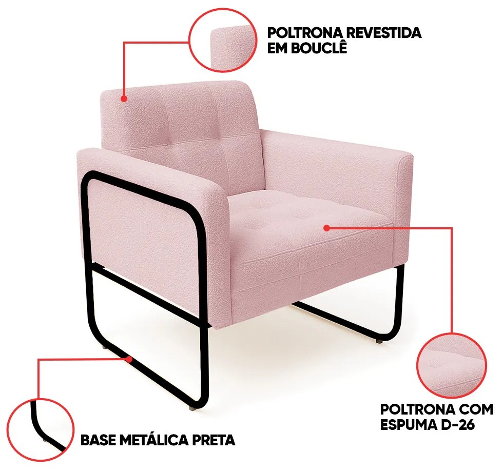 Poltrona Sala Industrial Alta Tubo Preto Elisa Bouclê D03 - D'Rossi - Rose