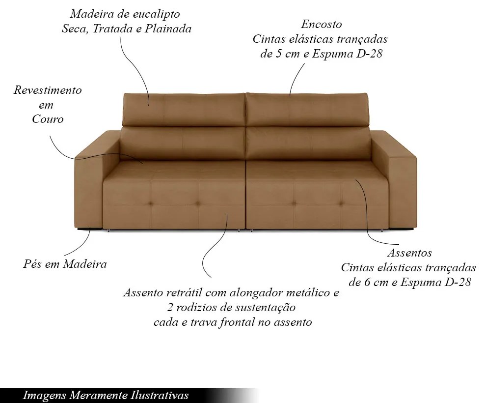 Sofá Retrátil 4 Lugares 284cm 2 Módulos Nero Couro Caramelo G52 - Gran Belo