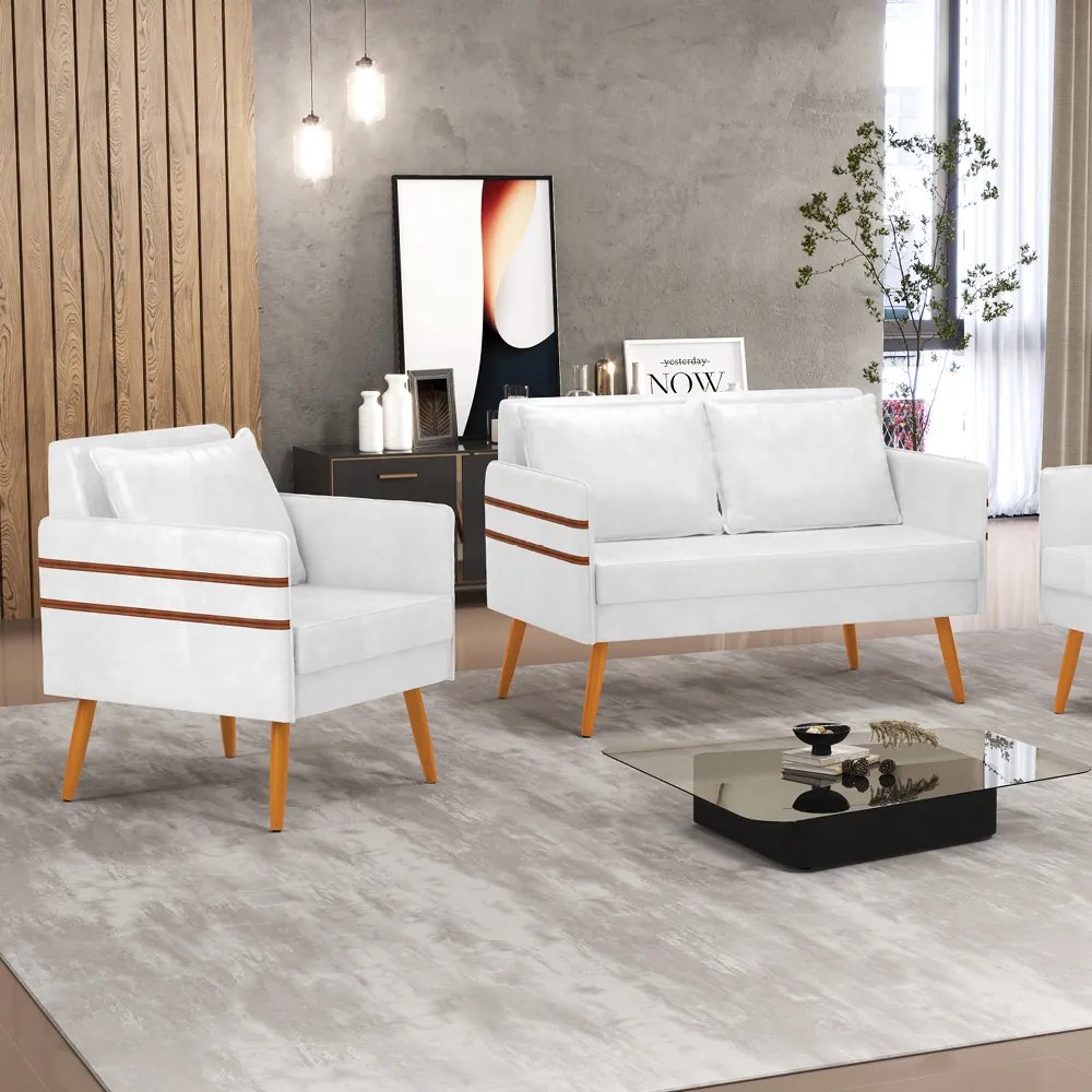 Kit 01 Namoradeira 02 Lugares e 02 Poltronas Mari Corano Pés Palito Castanho - D'Rossi - Branco
