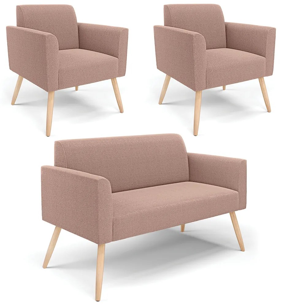 Namoradeira e 2 Poltronas Pé Palito Natural Marisa Bouclê - Rose