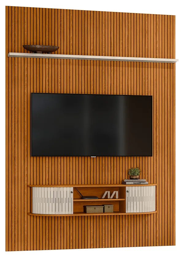 Painel TV 65 Pol 179cm Ripado Valen e Bancada Suspensa Norezi Cinamomo/Off White M20 - D'Rossi