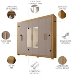 Guarda Roupa Casal 230cm 6 Portas Espelho Brasid Mel/Cacao C01 - Mpoze