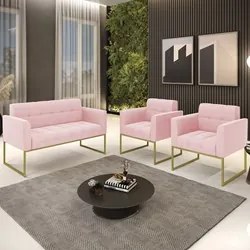 Sofá Namoradeira e 2 Poltronas Base Industrial Dourado Ana Suede Rosa