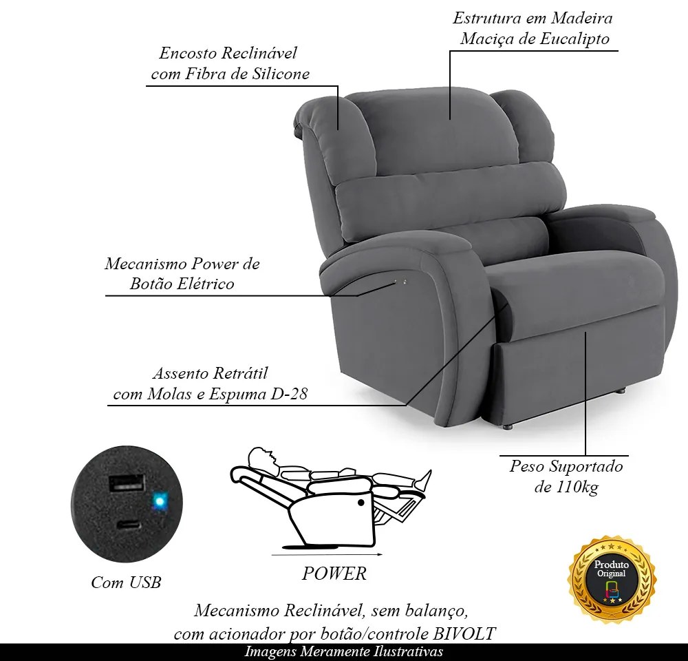Poltrona do Papai Sala de Cinema Reclinável Kylie Power Touch USB Veludo Cinza Grafite G23