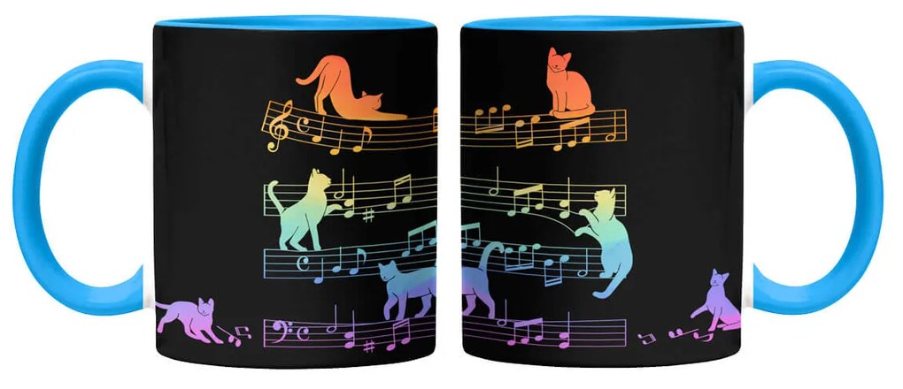 Caneca Gato Musical Arco Iris Cat Lover Preta com Alça Azul