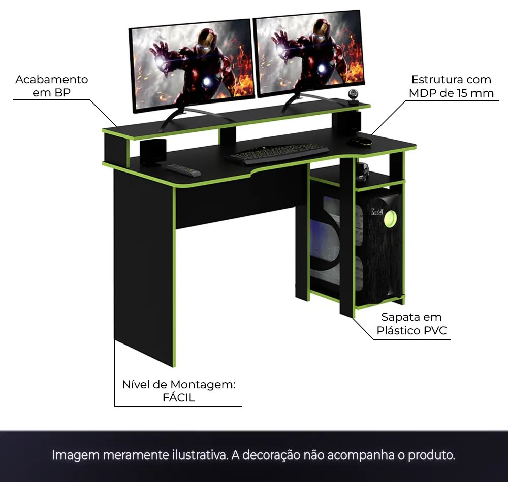 Mesa para Escritório Home Office Gamer ME4153 MDP Preto/Verde G69 - Gran Belo