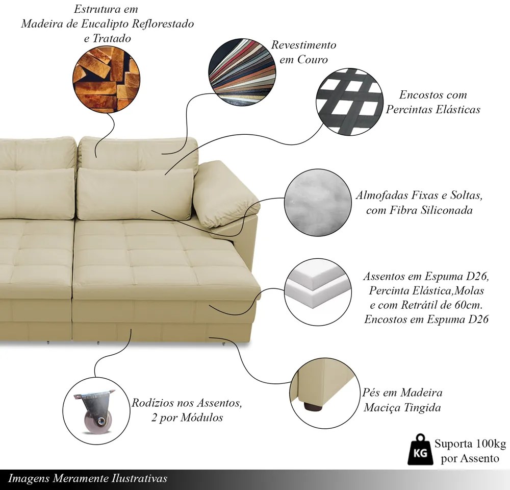 Sofá Retrátil Manual Sala de Estar Nolan Bipartido 414cm Conforto Premium em Couro Bege G58 - Gran Belo