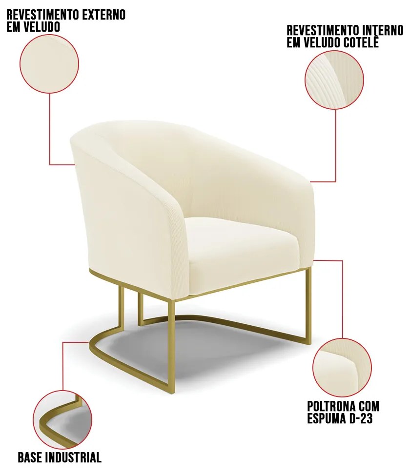 Poltrona Decorativa Industrial Dourado Kit 2 Stella Cotelê Int/Veludo D03 - D'Rossi - Off White