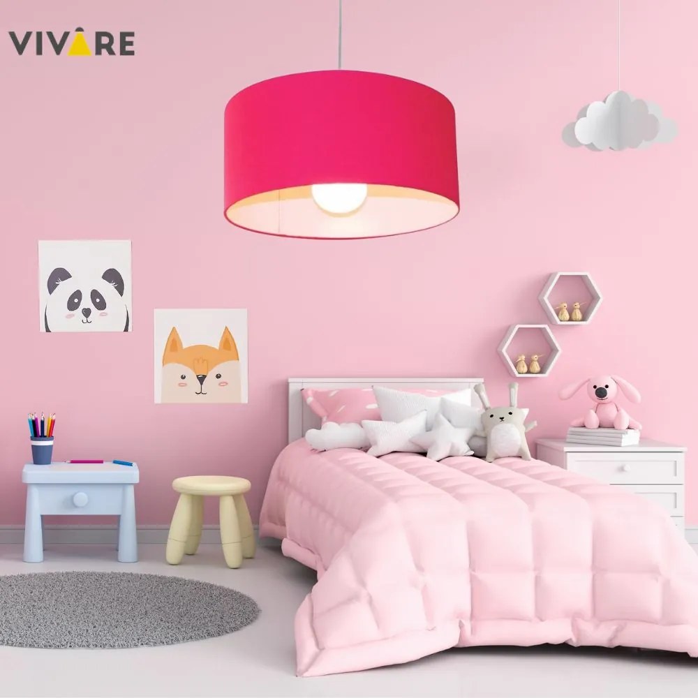 Lustre Pendente Cilíndrico MD-4052 Cúpula em Tecido 50x21cm Rosa Pink - Bivolt
